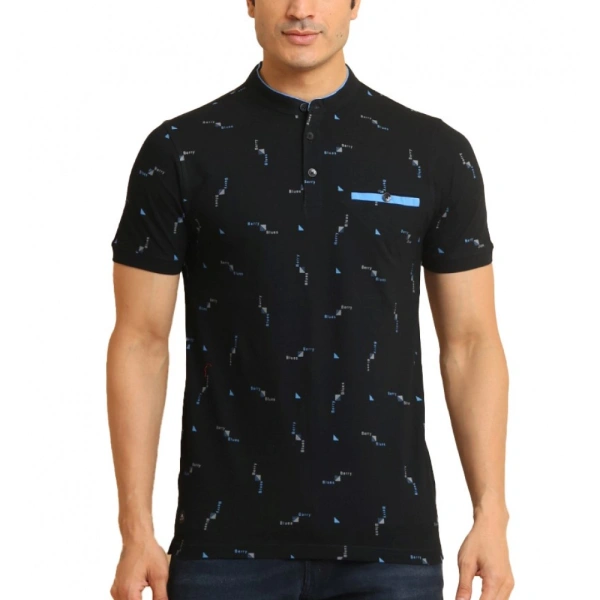 Men's Casual Cotton Printed Mandarin Collar Half Sleeve T-Shirt (Navy) - L