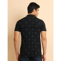 Men's Casual Cotton Printed Mandarin Collar Half Sleeve T-Shirt (Navy) - L