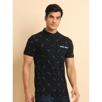 Men's Casual Cotton Printed Mandarin Collar Half Sleeve T-Shirt (Navy) - L