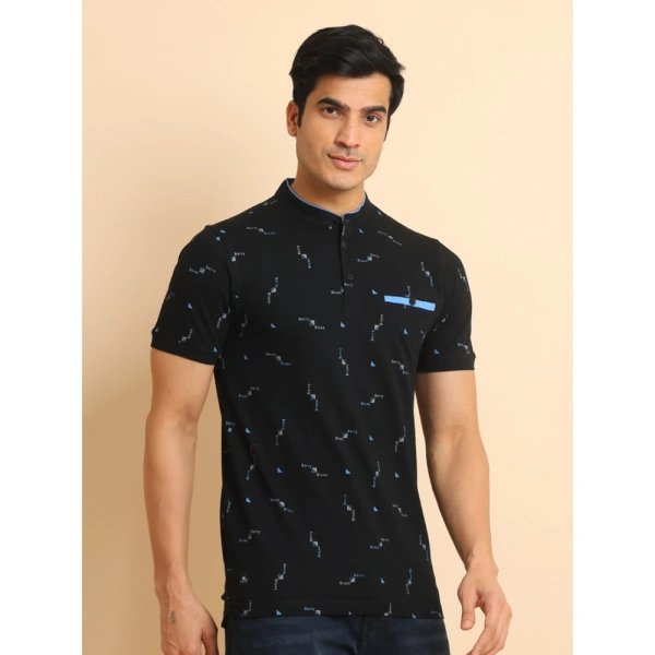 Men's Casual Cotton Printed Mandarin Collar Half Sleeve T-Shirt (Navy) - L