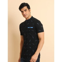 Men's Casual Cotton Printed Mandarin Collar Half Sleeve T-Shirt (Navy) - L