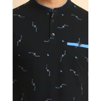Men's Casual Cotton Printed Mandarin Collar Half Sleeve T-Shirt (Navy) - L