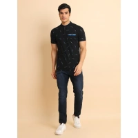 Men's Casual Cotton Printed Mandarin Collar Half Sleeve T-Shirt (Navy) - L