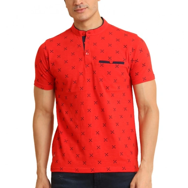 Men's Casual Cotton Printed Mandarin Collar Half Sleeve T-Shirt (Red) - L