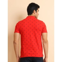 Men's Casual Cotton Printed Mandarin Collar Half Sleeve T-Shirt (Red) - L