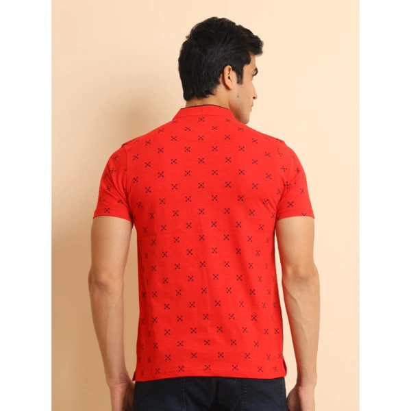 Men's Casual Cotton Printed Mandarin Collar Half Sleeve T-Shirt (Red) - L