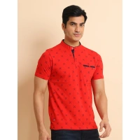 Men's Casual Cotton Printed Mandarin Collar Half Sleeve T-Shirt (Red) - L
