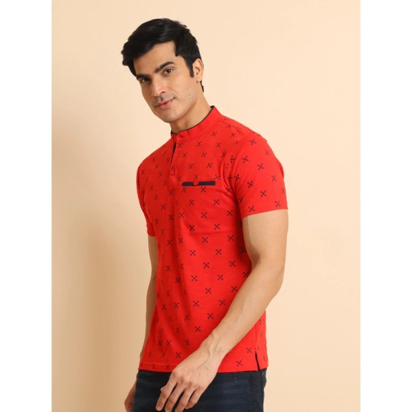 Men's Casual Cotton Printed Mandarin Collar Half Sleeve T-Shirt (Red) - L