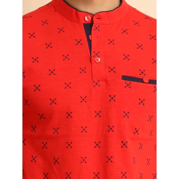 Men's Casual Cotton Printed Mandarin Collar Half Sleeve T-Shirt (Red) - L