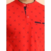 Men's Casual Cotton Printed Mandarin Collar Half Sleeve T-Shirt (Red) - L