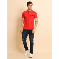 Men's Casual Cotton Printed Mandarin Collar Half Sleeve T-Shirt (Red) - L