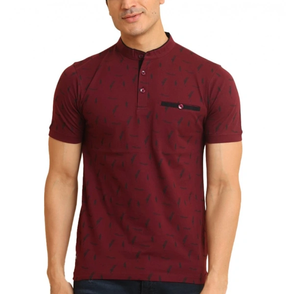 Men's Casual Cotton Printed Mandarin Collar Half Sleeve T-Shirt (Plum) - S