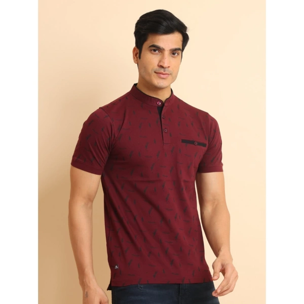 Men's Casual Cotton Printed Mandarin Collar Half Sleeve T-Shirt (Plum) - S