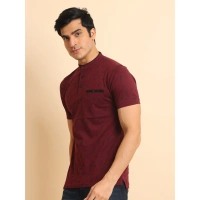 Men's Casual Cotton Printed Mandarin Collar Half Sleeve T-Shirt (Plum) - S
