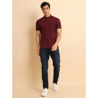 Men's Casual Cotton Printed Mandarin Collar Half Sleeve T-Shirt (Plum) - S