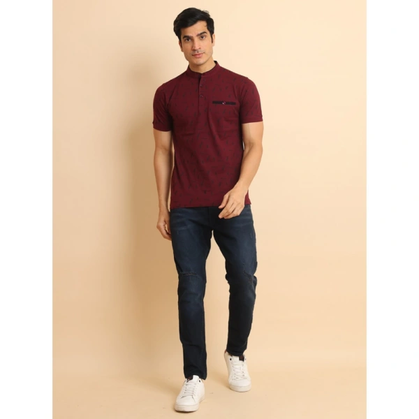 Men's Casual Cotton Printed Mandarin Collar Half Sleeve T-Shirt (Plum) - S