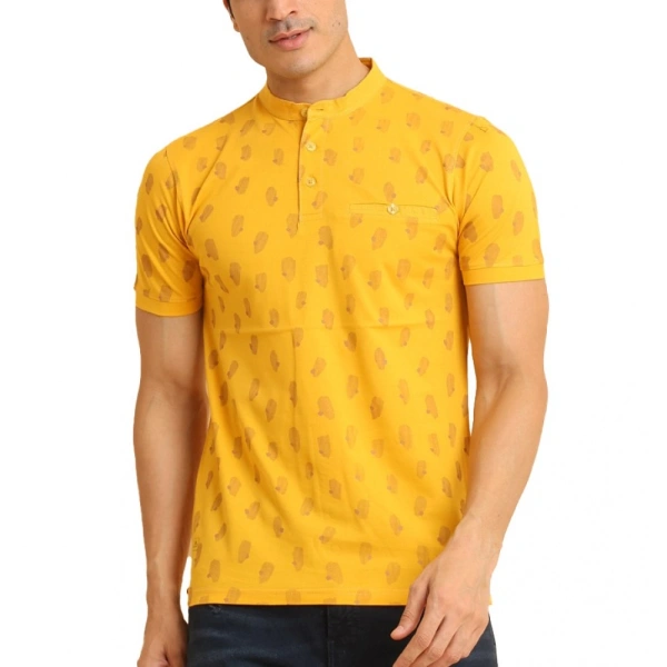 Men's Casual Cotton Printed Mandarin Collar Half Sleeve T-Shirt (Mustard) - L