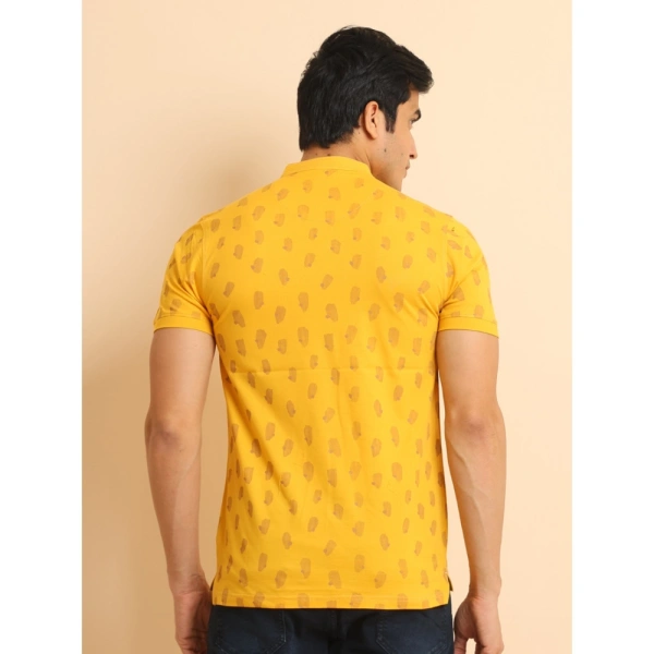 Men's Casual Cotton Printed Mandarin Collar Half Sleeve T-Shirt (Mustard) - L