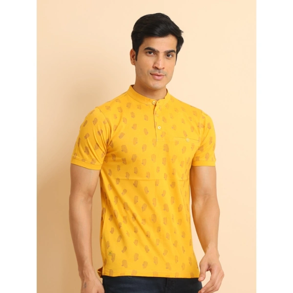 Men's Casual Cotton Printed Mandarin Collar Half Sleeve T-Shirt (Mustard) - L