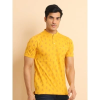 Men's Casual Cotton Printed Mandarin Collar Half Sleeve T-Shirt (Mustard) - L