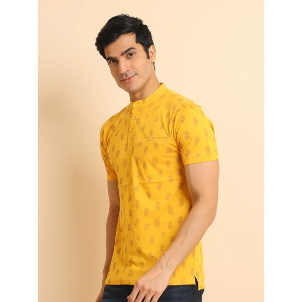 Men's Casual Cotton Printed Mandarin Collar Half Sleeve T-Shirt (Mustard) - L