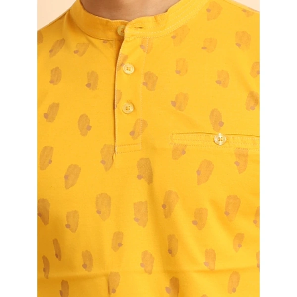 Men's Casual Cotton Printed Mandarin Collar Half Sleeve T-Shirt (Mustard) - L