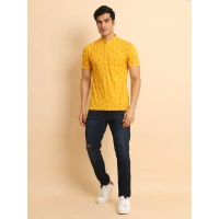 Men's Casual Cotton Printed Mandarin Collar Half Sleeve T-Shirt (Mustard) - L