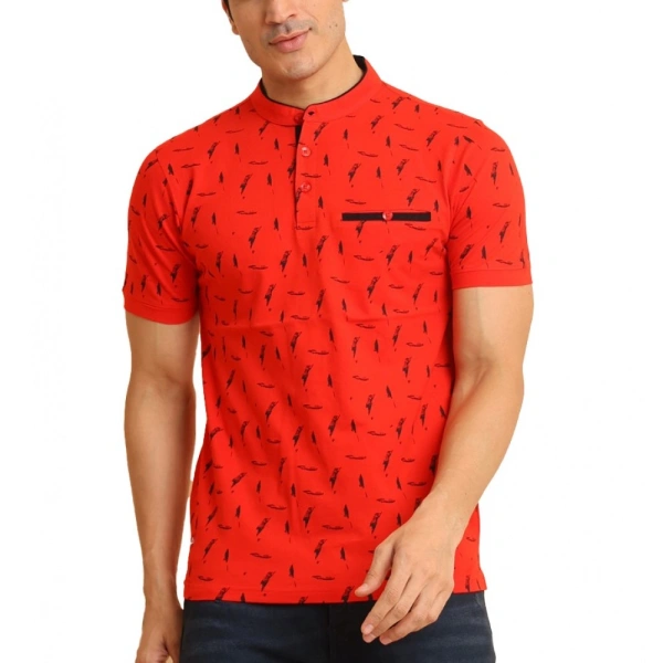 Men's Casual Cotton Printed Mandarin Collar Half Sleeve T-Shirt (Red) - M