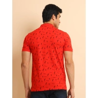 Men's Casual Cotton Printed Mandarin Collar Half Sleeve T-Shirt (Red) - M