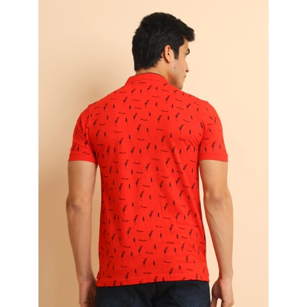Men's Casual Cotton Printed Mandarin Collar Half Sleeve T-Shirt (Red) - M