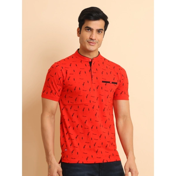 Men's Casual Cotton Printed Mandarin Collar Half Sleeve T-Shirt (Red) - M