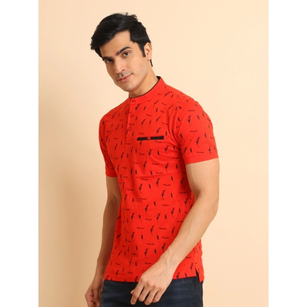 Men's Casual Cotton Printed Mandarin Collar Half Sleeve T-Shirt (Red) - M