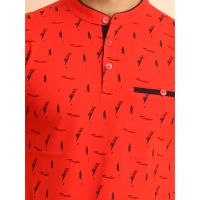 Men's Casual Cotton Printed Mandarin Collar Half Sleeve T-Shirt (Red) - M