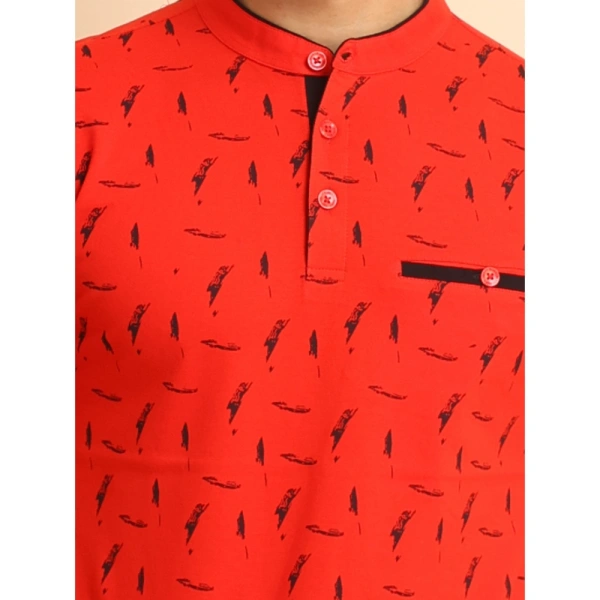 Men's Casual Cotton Printed Mandarin Collar Half Sleeve T-Shirt (Red) - M
