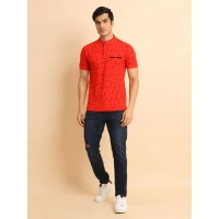 Men's Casual Cotton Printed Mandarin Collar Half Sleeve T-Shirt (Red) - M