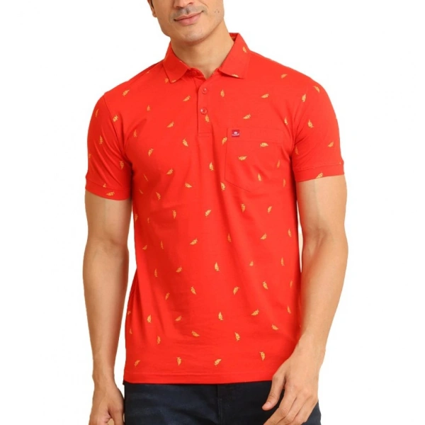 Men's Casual Cotton Printed Polo Neck Half Sleeve T-Shirt (Red) - 2XL
