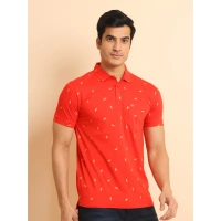 Men's Casual Cotton Printed Polo Neck Half Sleeve T-Shirt (Red) - 2XL