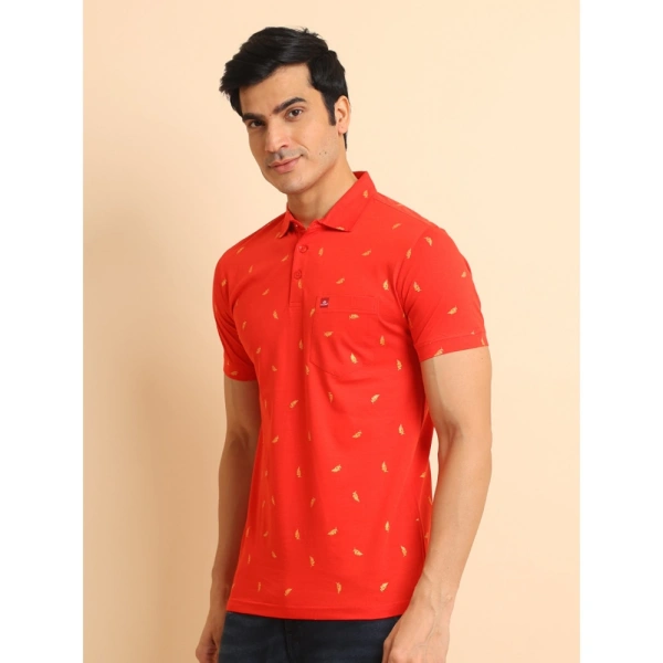 Men's Casual Cotton Printed Polo Neck Half Sleeve T-Shirt (Red) - 2XL