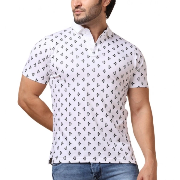 Men's Casual Cotton Printed Polo Neck Half Sleeve T-Shirt (White) - 2XL