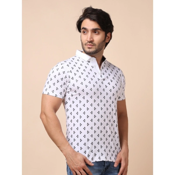 Men's Casual Cotton Printed Polo Neck Half Sleeve T-Shirt (White) - 2XL