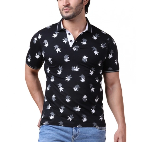 Men's Casual Cotton Printed Polo Neck Half Sleeve T-Shirt (Black) - M
