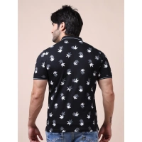 Men's Casual Cotton Printed Polo Neck Half Sleeve T-Shirt (Black) - M