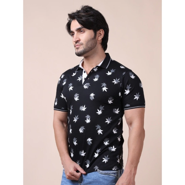 Men's Casual Cotton Printed Polo Neck Half Sleeve T-Shirt (Black) - M