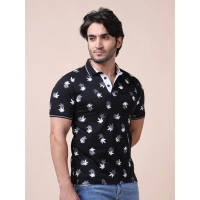 Men's Casual Cotton Printed Polo Neck Half Sleeve T-Shirt (Black) - M