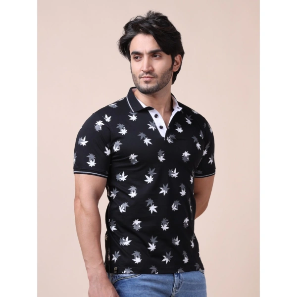 Men's Casual Cotton Printed Polo Neck Half Sleeve T-Shirt (Black) - M