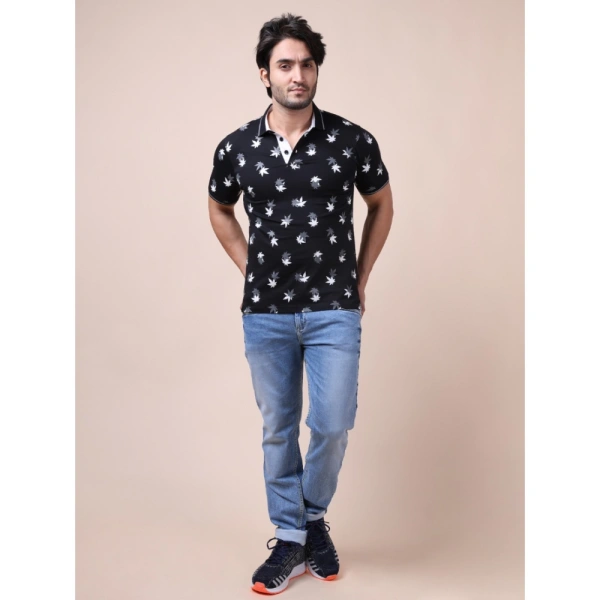Men's Casual Cotton Printed Polo Neck Half Sleeve T-Shirt (Black) - M