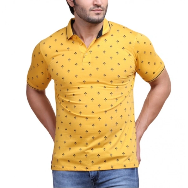 Men's Casual Cotton Printed Polo Neck Half Sleeve T-Shirt (Mustard) - M