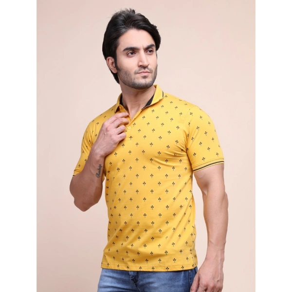 Men's Casual Cotton Printed Polo Neck Half Sleeve T-Shirt (Mustard) - M
