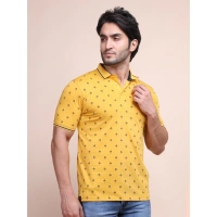Men's Casual Cotton Printed Polo Neck Half Sleeve T-Shirt (Mustard) - M