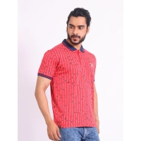 Men's Casual Cotton Printed Polo Neck Half Sleeve T-Shirt (Red) - XL